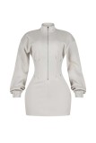 American style spicy girl standing collar long sleeved dress, women's tight fitting waist bag and hip skirt