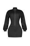 American style spicy girl standing collar long sleeved dress, women's tight fitting waist bag and hip skirt