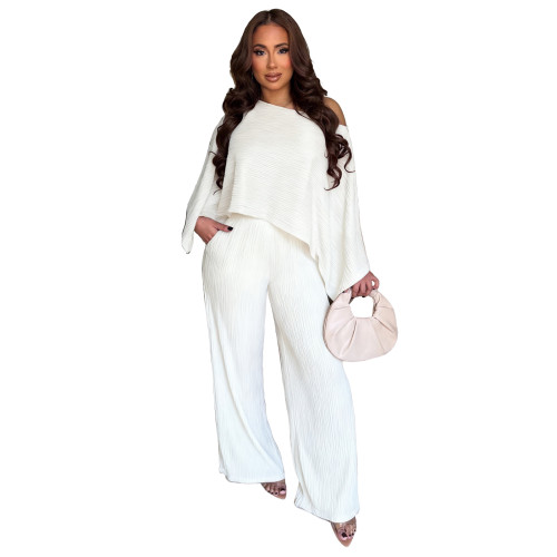 Elastic Pleated Bat Sleeve One-Piece Pocket Leg-Swinging Wide Leg Pant Set