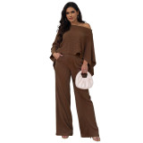 Elastic Pleated Bat Sleeve One-Piece Pocket Leg-Swinging Wide Leg Pant Set