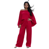 Elastic Pleated Bat Sleeve One-Piece Pocket Leg-Swinging Wide Leg Pant Set