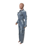 Work pants washed and worn denim jumpsuit jumpsuit with multiple pockets and wide legs