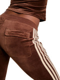 German Velvet Zipper Drawstring Side Striped Micro Horn Pants Two Piece Set