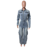 Work pants washed and worn denim jumpsuit jumpsuit with multiple pockets and wide legs