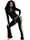 German Velvet Zipper Drawstring Side Striped Micro Horn Pants Two Piece Set