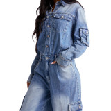 Work pants washed and worn denim jumpsuit jumpsuit with multiple pockets and wide legs