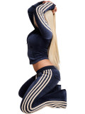 German Velvet Zipper Drawstring Side Striped Micro Horn Pants Two Piece Set
