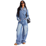 Work pants washed and worn denim jumpsuit jumpsuit with multiple pockets and wide legs