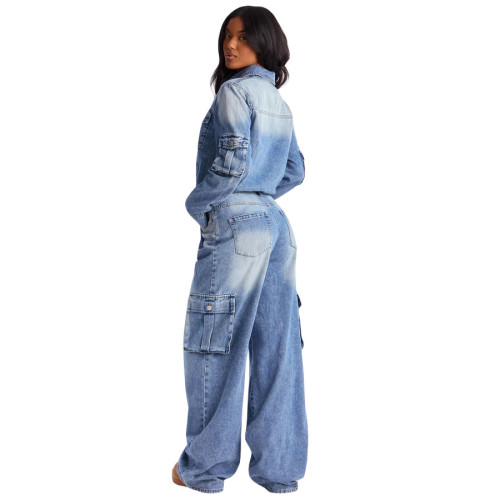 Work pants washed and worn denim jumpsuit jumpsuit with multiple pockets and wide legs