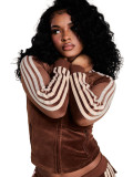 German Velvet Zipper Drawstring Side Striped Micro Horn Pants Two Piece Set