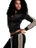 German Velvet Zipper Drawstring Side Striped Micro Horn Pants Two Piece Set