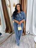 Sexy high elasticity button washed denim casual set two-piece set