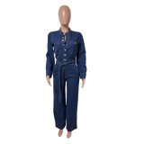 Slim fit elastic bell mouth wash long sleeved denim jumpsuit