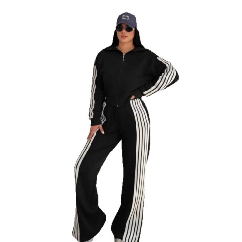 Striped velvet patchwork long sleeved zipper pants set
