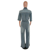 Elastic waist slim fit elastic wash denim jumpsuit jumpsuit with split flared pants