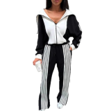 Striped velvet patchwork long sleeved zipper pants set