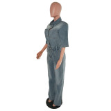 Elastic waist slim fit elastic wash denim jumpsuit jumpsuit with split flared pants