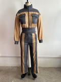 Hoodie+denim patchwork long sleeved pants set with 4 pockets