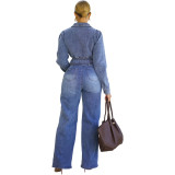 Micro elastic multi pocket washed denim casual set, two pieces