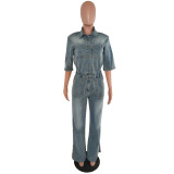 Elastic waist slim fit elastic wash denim jumpsuit jumpsuit with split flared pants