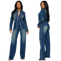 Slim fit elastic horn mouth frayed long sleeved denim jumpsuit