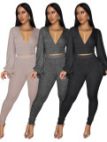 Deep V-neck backless strap short lantern sleeve top and tight pants two-piece set
