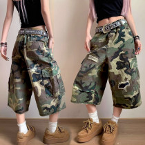 American style spicy girl street camouflage workwear, women's ripped and worn wide leg cropped pants, super cool
