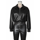 Knitted PU leather jacket for women, short style, lapel zipper, motorcycle jacket, European and American loose foreign trade women's top