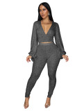 Deep V-neck backless strap short lantern sleeve top and tight pants two-piece set