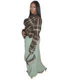 Plaid casual sexy folding sleeves with split toe V-neck shirt top for women