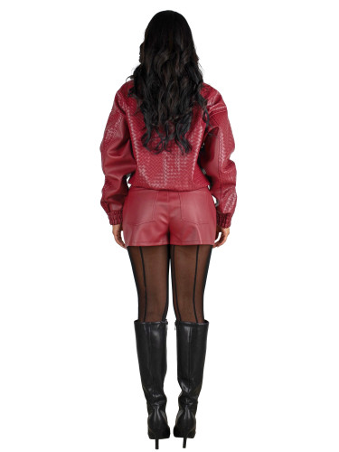 Knitted PU leather jacket for women, short style, lapel zipper, motorcycle jacket, European and American loose foreign trade women's top