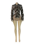Plaid casual sexy folding sleeves with split toe V-neck shirt top for women