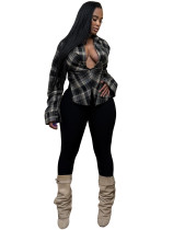 Plaid casual sexy folding sleeves with split toe V-neck shirt top for women Plaid casual sexy folding sleeves with split toe V-neck shirt top for women