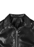 Knitted PU leather jacket for women, short style, lapel zipper, motorcycle jacket, European and American loose foreign trade women's top