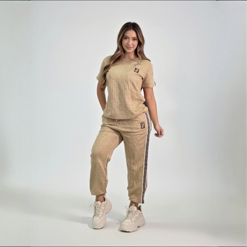 Casual Side Printed Panels Logo Embroidery Jacquard T-Shirt Pants Set