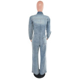 Slim fit elastic bell mouth wash long sleeved denim jumpsuit