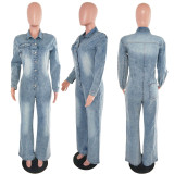 Slim fit elastic bell mouth wash long sleeved denim jumpsuit