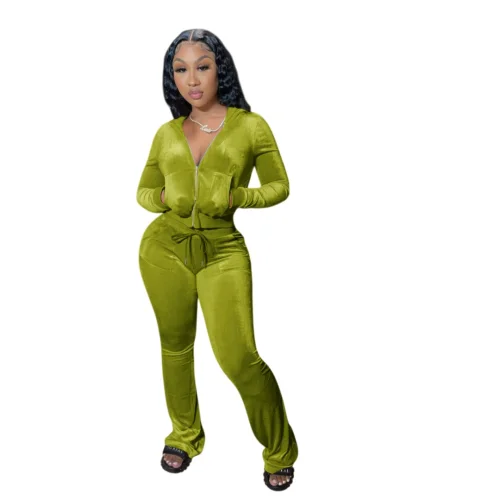 Solid color gold velvet casual hooded women's two-piece set