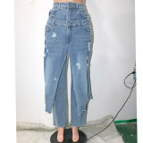 Trendy double waisted jeans, fashionable and casual straight leg pants