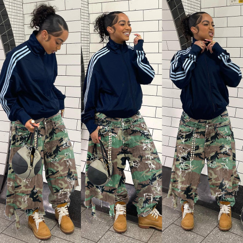 Personalized and trendy double waisted camouflage straight leg printed jeans, fashionable and casual