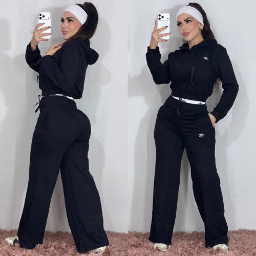 Trendy Embroidered Letter Zipper Sweatshirt Wide-Leg Pants Sports Suit