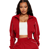 Casual suit with zipper lines, jacket, workwear, pocket, straight leg pants, two-piece set