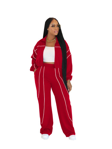 Fashion women's contrasting color splicing straight leg sports pants two-piece set