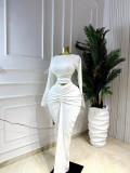 Solid color fashion sexy hollow out navel casual pleated long skirt two-piece set