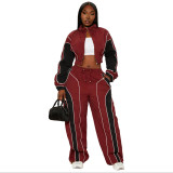 Casual color blocking splicing, zip up waist, zipper top, straight leg pants, pull rope two-piece set