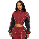Casual color blocking splicing, zip up waist, zipper top, straight leg pants, pull rope two-piece set