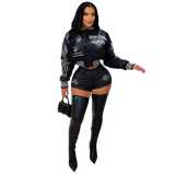 Elastic PU leather positioning embroidery baseball jacket+sexy shorts two-piece set