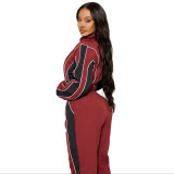 Casual color blocking splicing, zip up waist, zipper top, straight leg pants, pull rope two-piece set