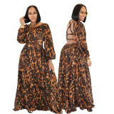 Sexy backless mesh leopard print long sleeved round neck comfortable casual skirt