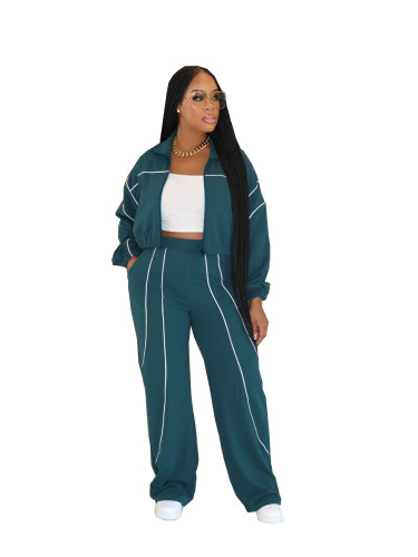 Fashion women's contrasting color splicing straight leg sports pants two-piece set